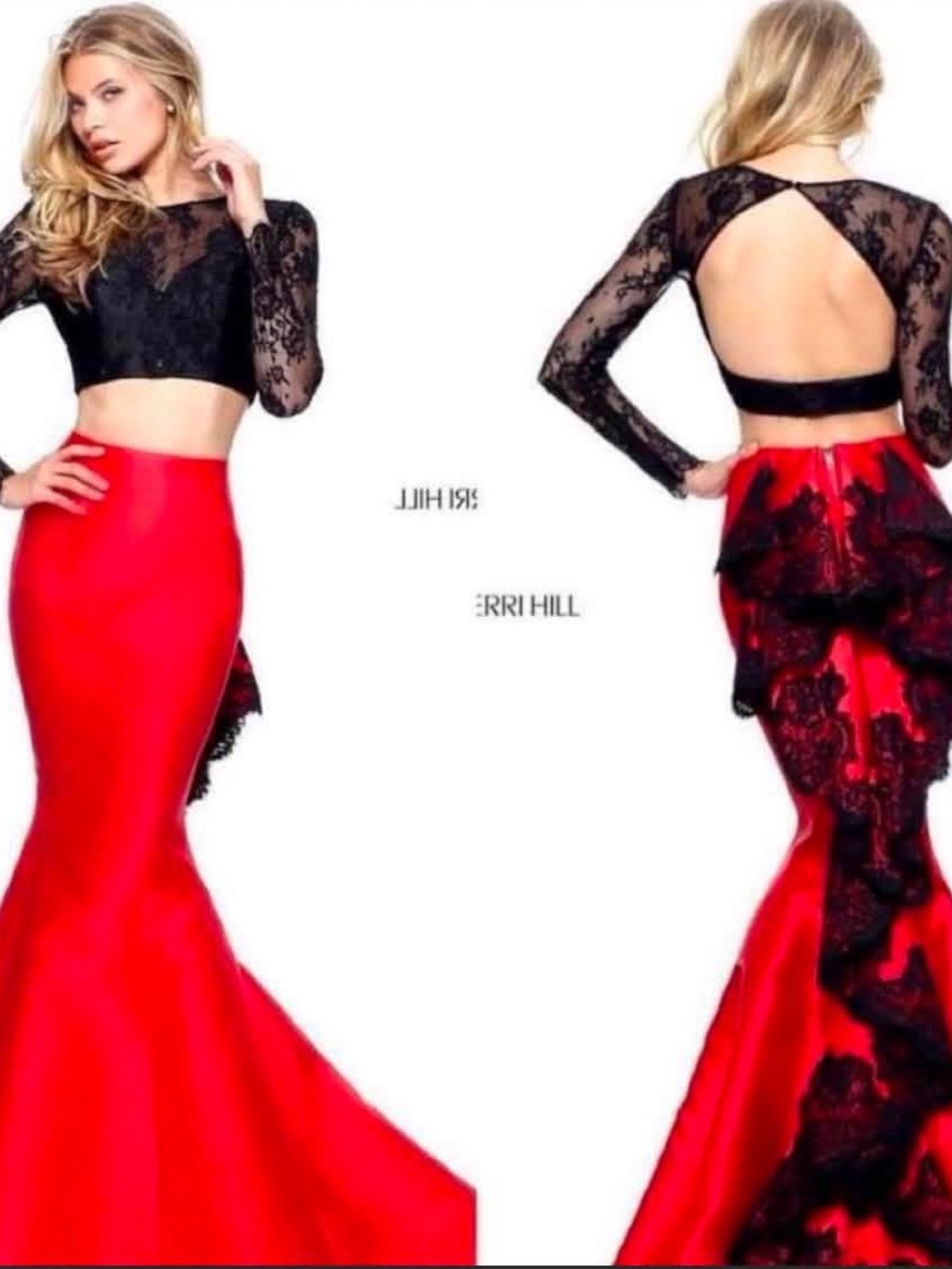 Sherri Hill Red Two-Piece Mermaid Gown with Black Lace Crop Top